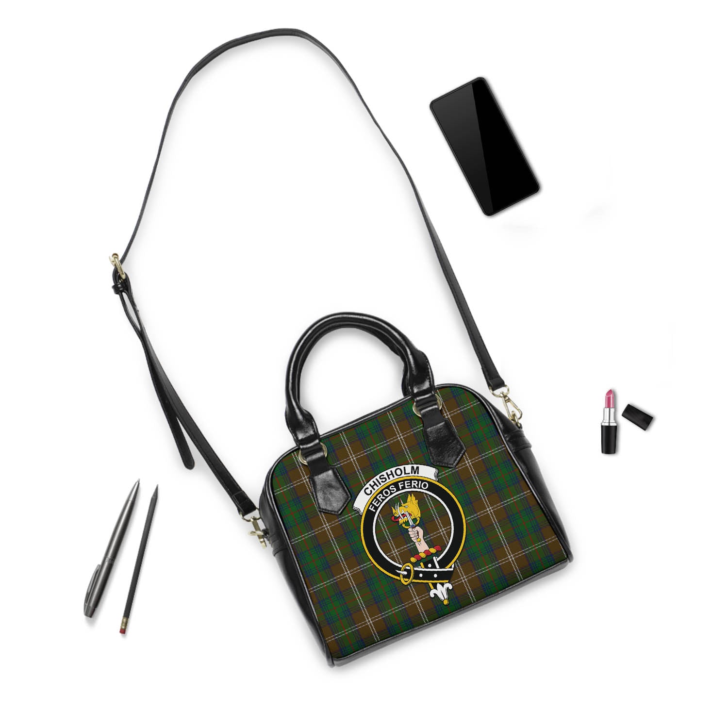 Chisholm Hunting Tartan Shoulder Handbags with Family Crest - Tartanvibesclothing