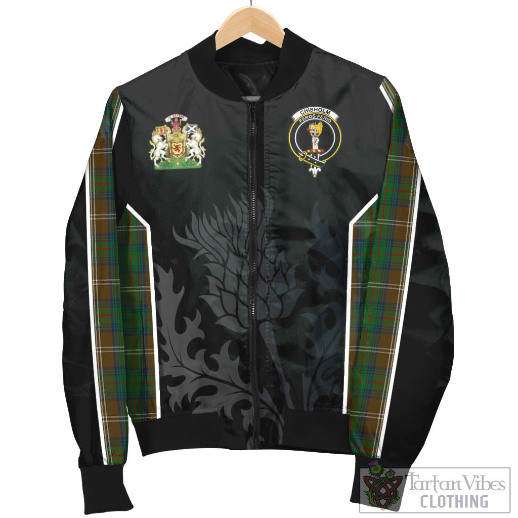 Tartan Vibes Clothing Chisholm Hunting Tartan Bomber Jacket with Family Crest and Scottish Thistle Vibes Sport Style