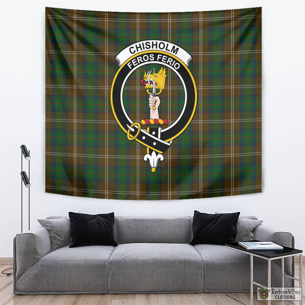 Tartan Vibes Clothing Chisholm Hunting Tartan Tapestry Wall Hanging and Home Decor for Room with Family Crest