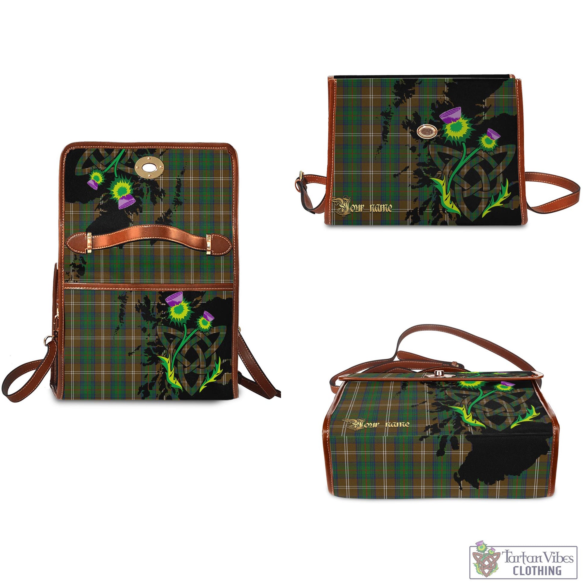 Tartan Vibes Clothing Chisholm Hunting Tartan Waterproof Canvas Bag with Scotland Map and Thistle Celtic Accents