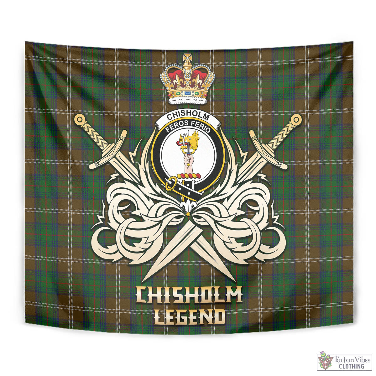 Tartan Vibes Clothing Chisholm Hunting Tartan Tapestry with Clan Crest and the Golden Sword of Courageous Legacy