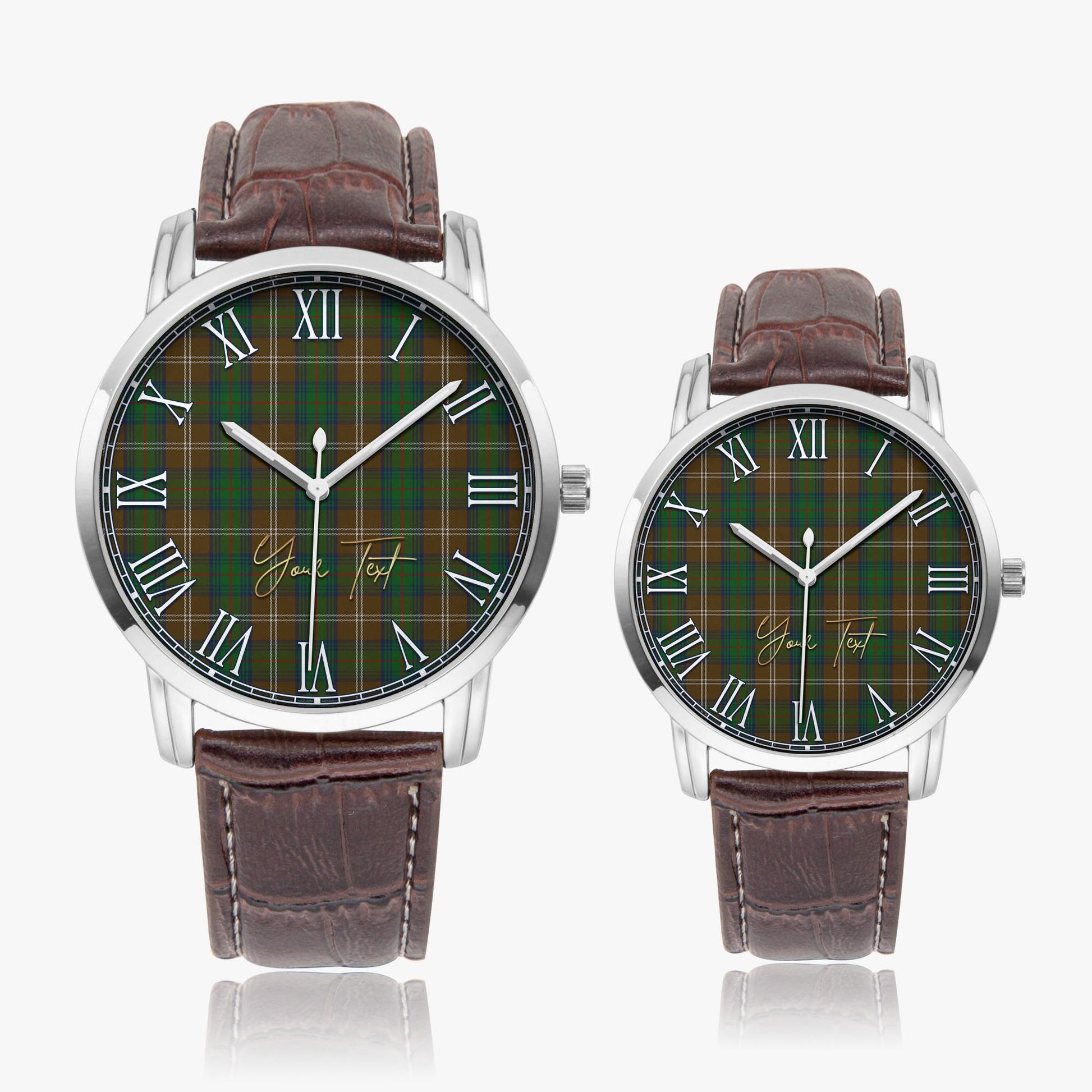 Chisholm Hunting Tartan Personalized Your Text Leather Trap Quartz Watch Wide Type Silver Case With Brown Leather Strap - Tartanvibesclothing