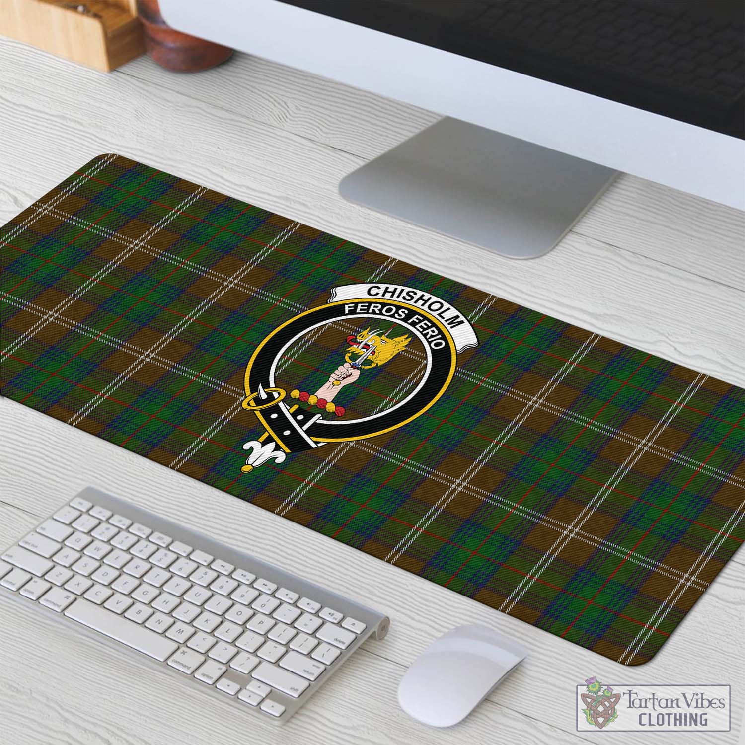 Tartan Vibes Clothing Chisholm Hunting Tartan Mouse Pad with Family Crest