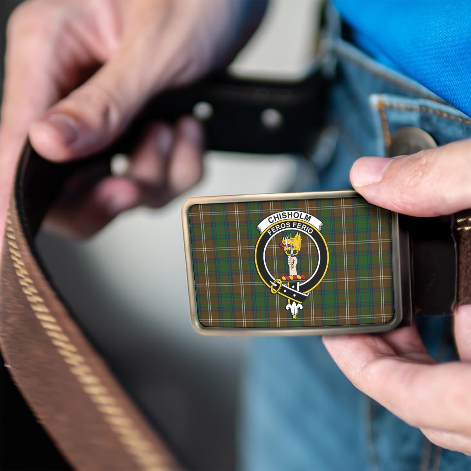 Chisholm Hunting Tartan Belt Buckles with Family Crest - Tartan Vibes Clothing