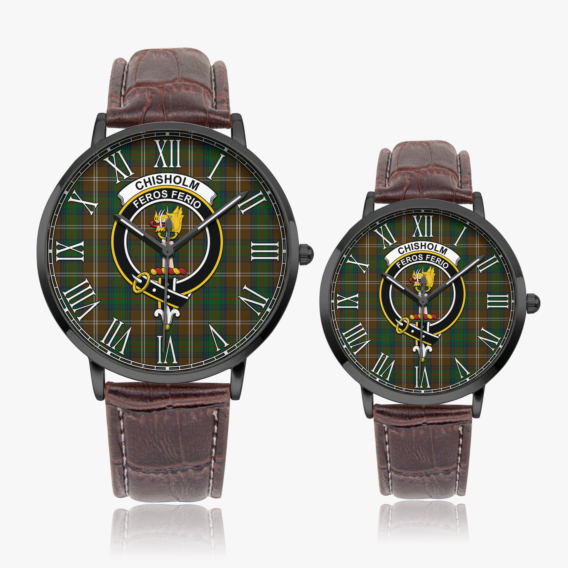 Chisholm Hunting Tartan Family Crest Leather Strap Quartz Watch - Tartanvibesclothing