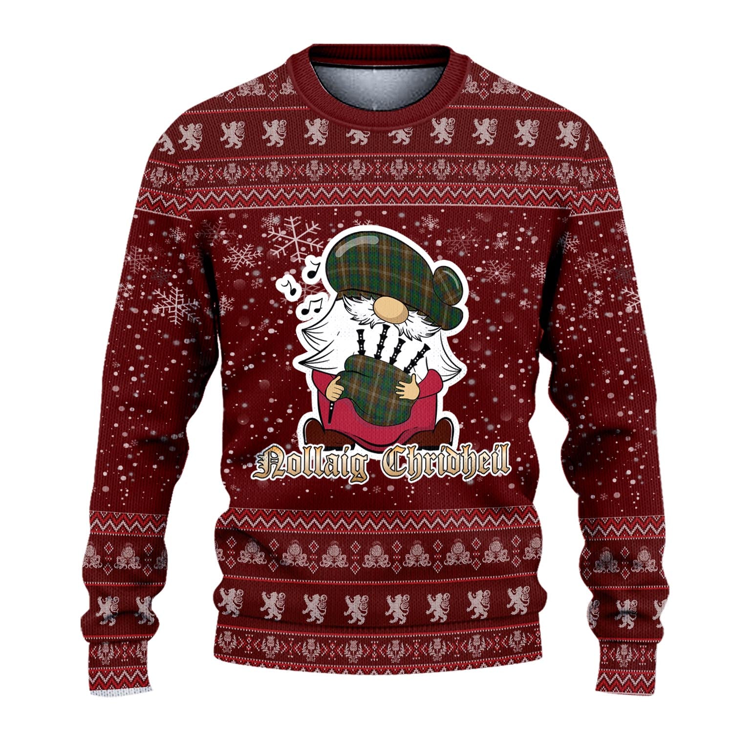 Chisholm Hunting Clan Christmas Family Knitted Sweater with Funny Gnome Playing Bagpipes - Tartanvibesclothing