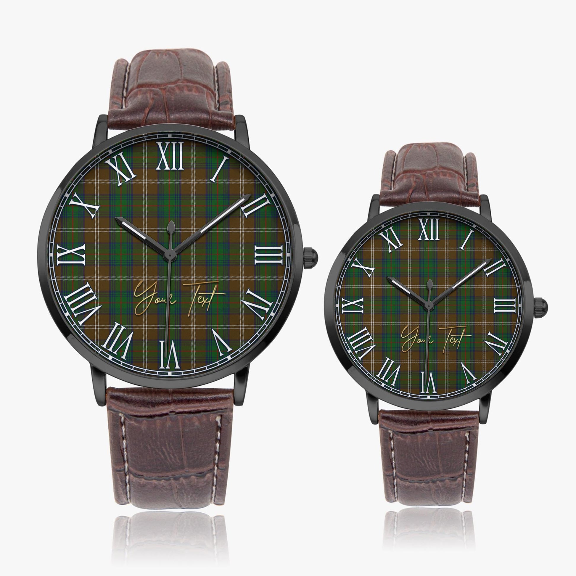 Chisholm Hunting Tartan Personalized Your Text Leather Trap Quartz Watch Ultra Thin Black Case With Brown Leather Strap - Tartanvibesclothing