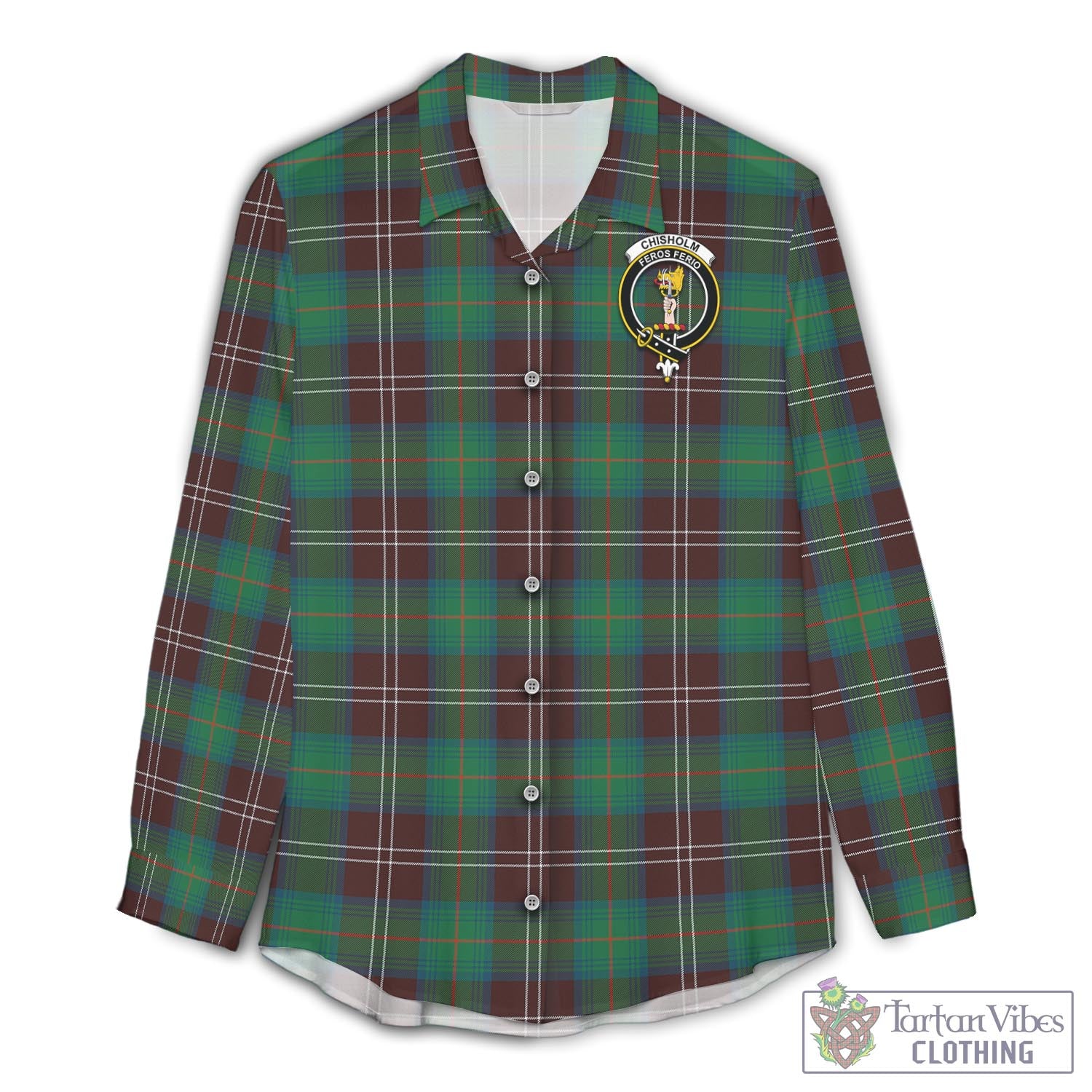 Tartan Vibes Clothing Chisholm Hunting Ancient Tartan Womens Casual Shirt with Family Crest