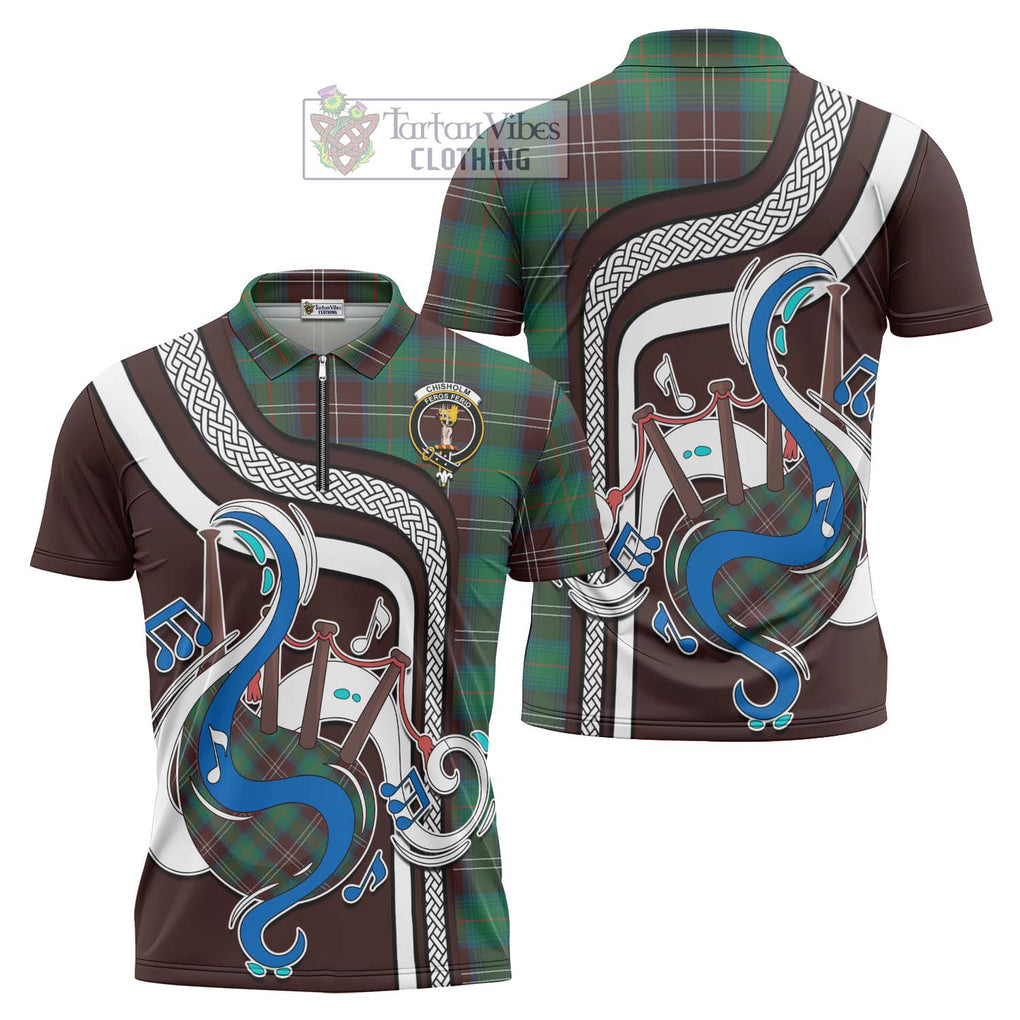 Chisholm Hunting Ancient Tartan Zipper Polo Shirt with Epic Bagpipe Style Unisex - Tartanvibesclothing Shop