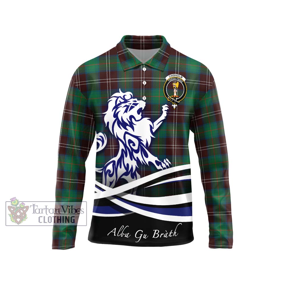 Chisholm Hunting Ancient Tartan Long Sleeve Polo Shirt with Alba Gu Brath Regal Lion Emblem Unisex - Tartanvibesclothing Shop