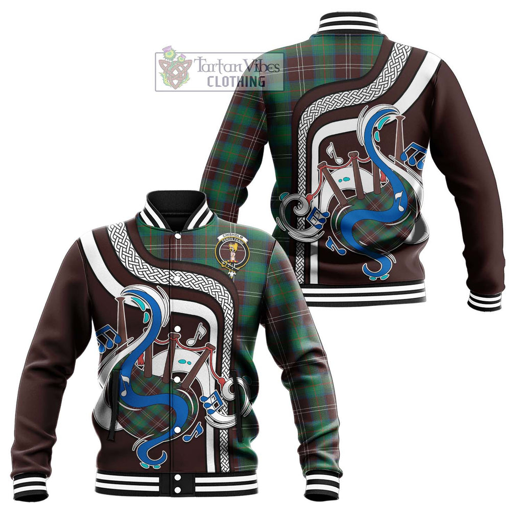 Tartan Vibes Clothing Chisholm Hunting Ancient Tartan Baseball Jacket with Epic Bagpipe Style