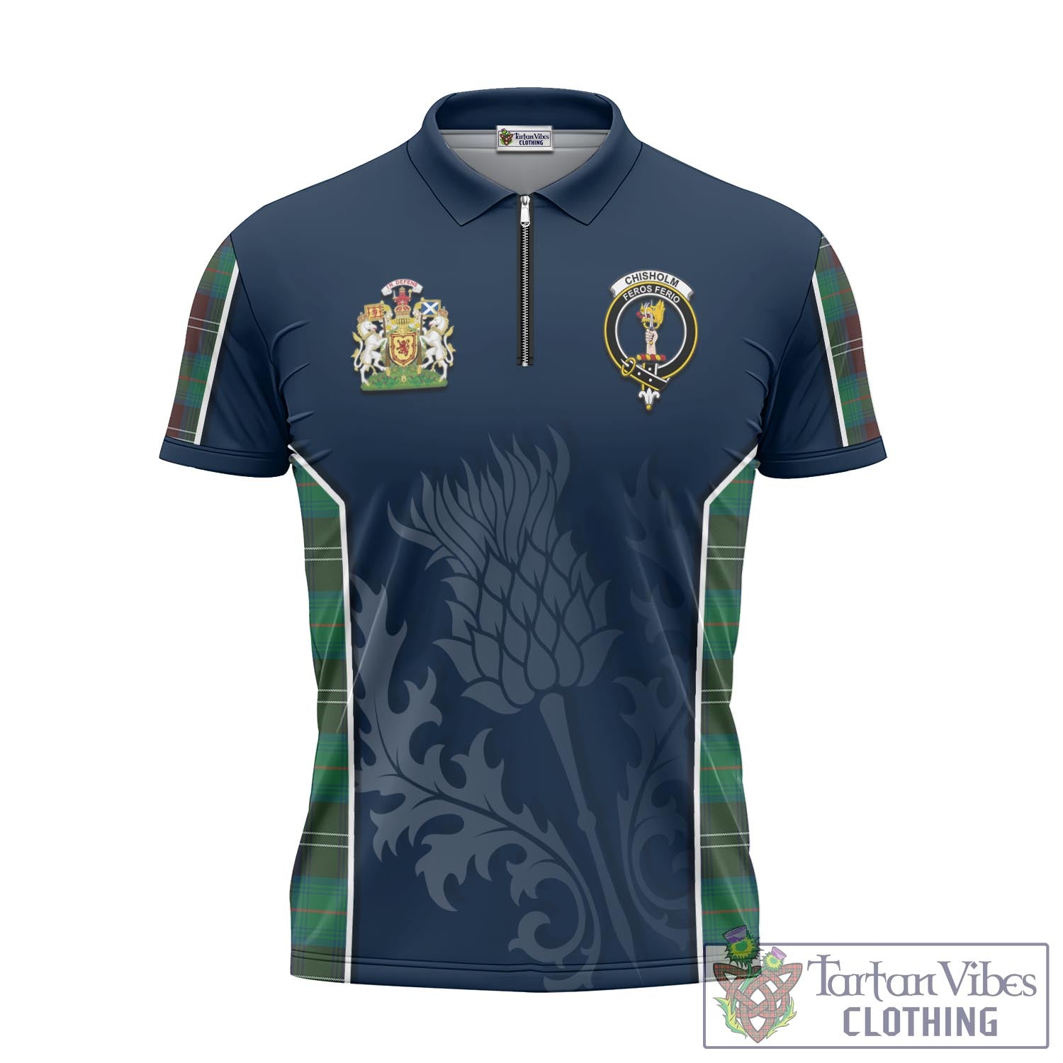 Tartan Vibes Clothing Chisholm Hunting Ancient Tartan Zipper Polo Shirt with Family Crest and Scottish Thistle Vibes Sport Style