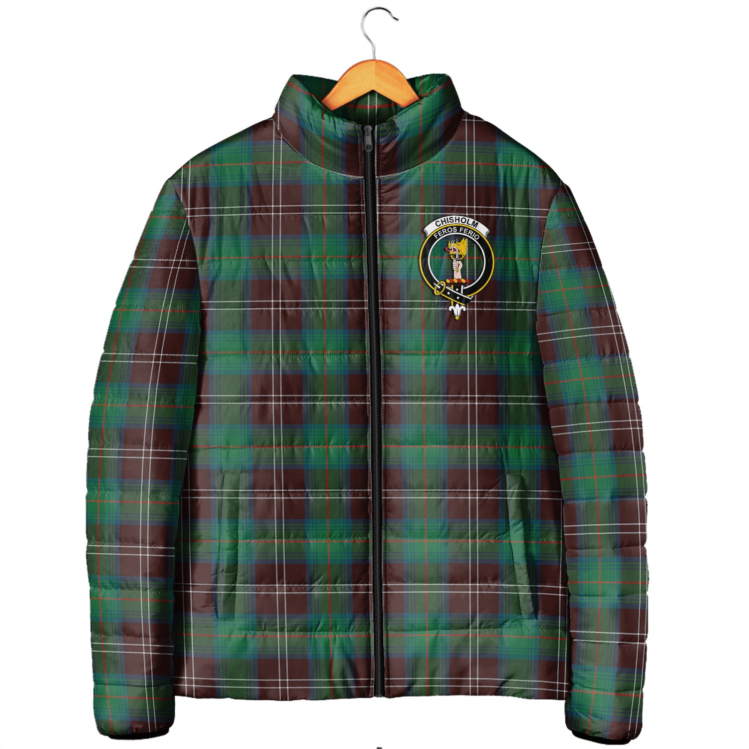 Chisholm Hunting Ancient Tartan Padded Jacket with Family Crest Men's Padded Jacket - Tartan Vibes Clothing