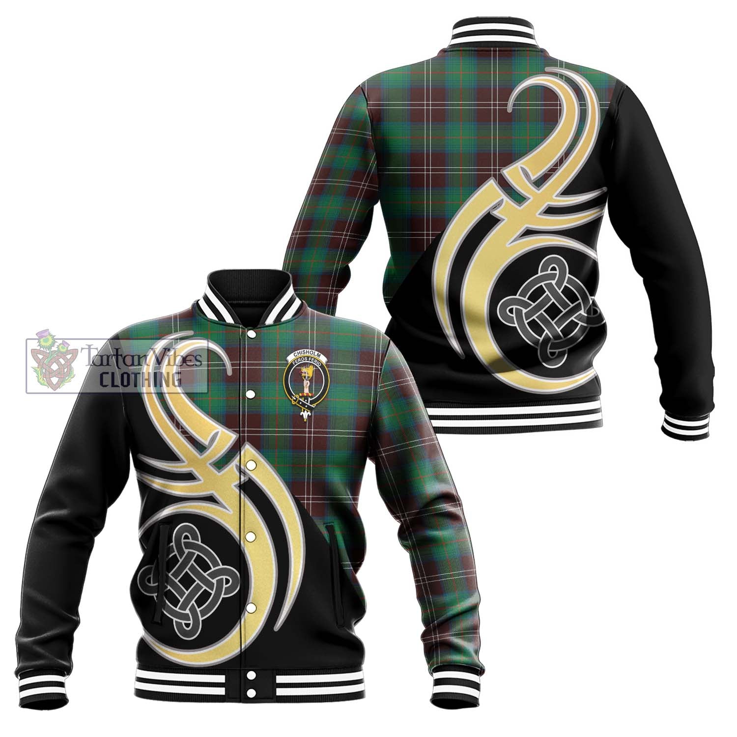 Chisholm Hunting Ancient Tartan Baseball Jacket with Family Crest and Celtic Symbol Style Unisex - Tartan Vibes Clothing