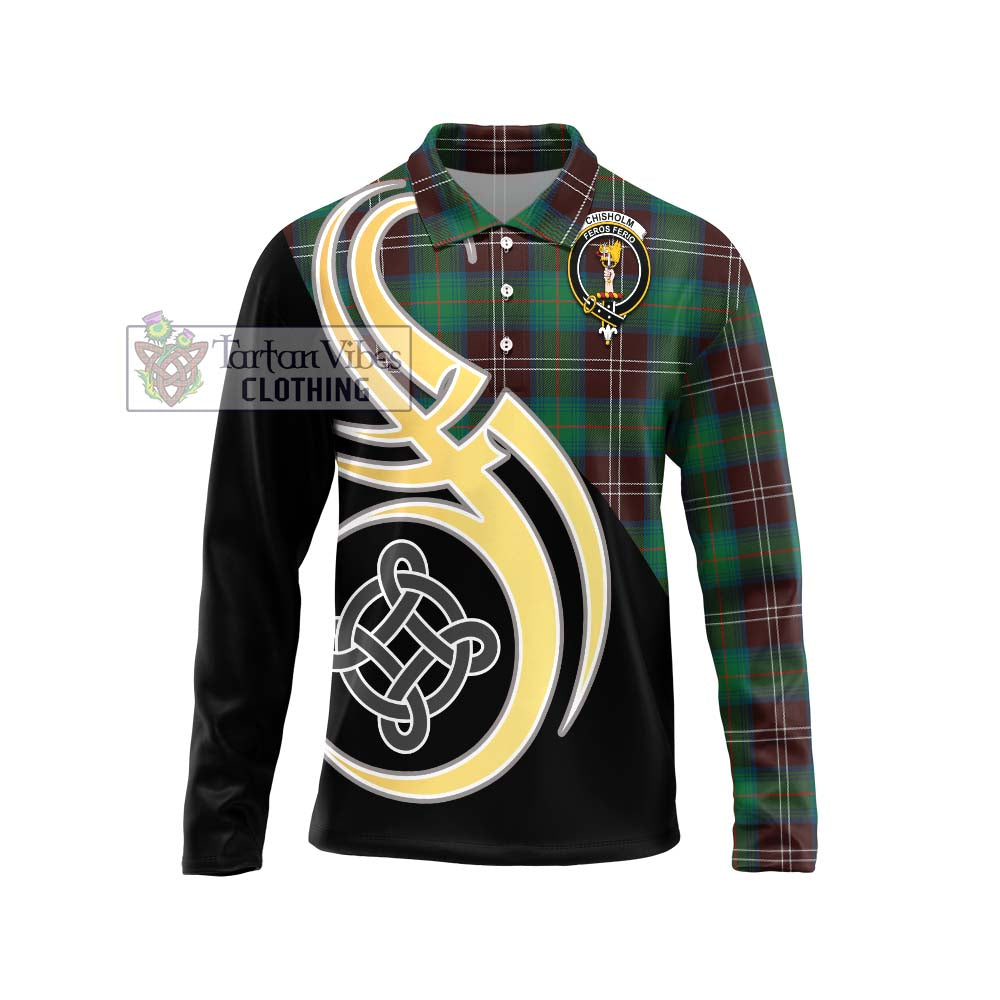 Chisholm Hunting Ancient Tartan Long Sleeve Polo Shirt with Family Crest and Celtic Symbol Style Unisex - Tartan Vibes Clothing