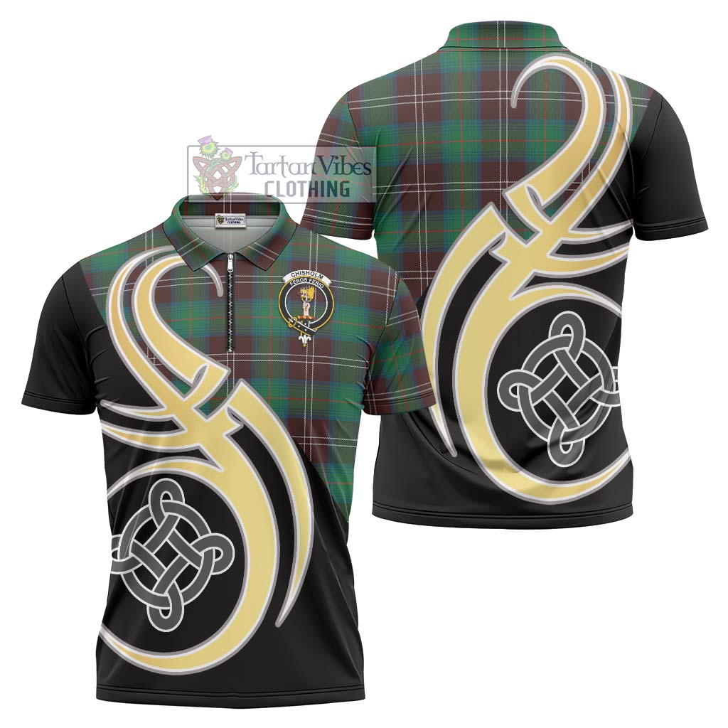 Tartan Vibes Clothing Chisholm Hunting Ancient Tartan Zipper Polo Shirt with Family Crest and Celtic Symbol Style