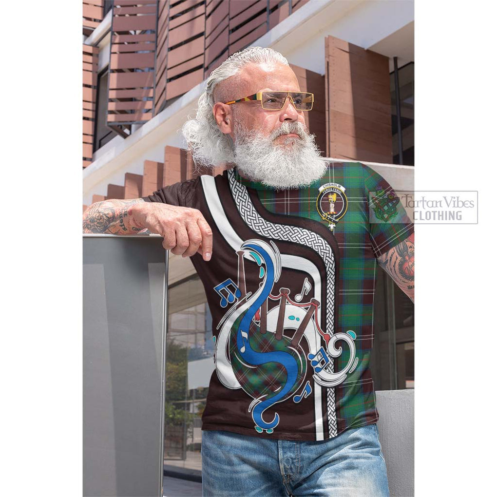 Tartan Vibes Clothing Chisholm Hunting Ancient Tartan Cotton T-shirt with Epic Bagpipe Style