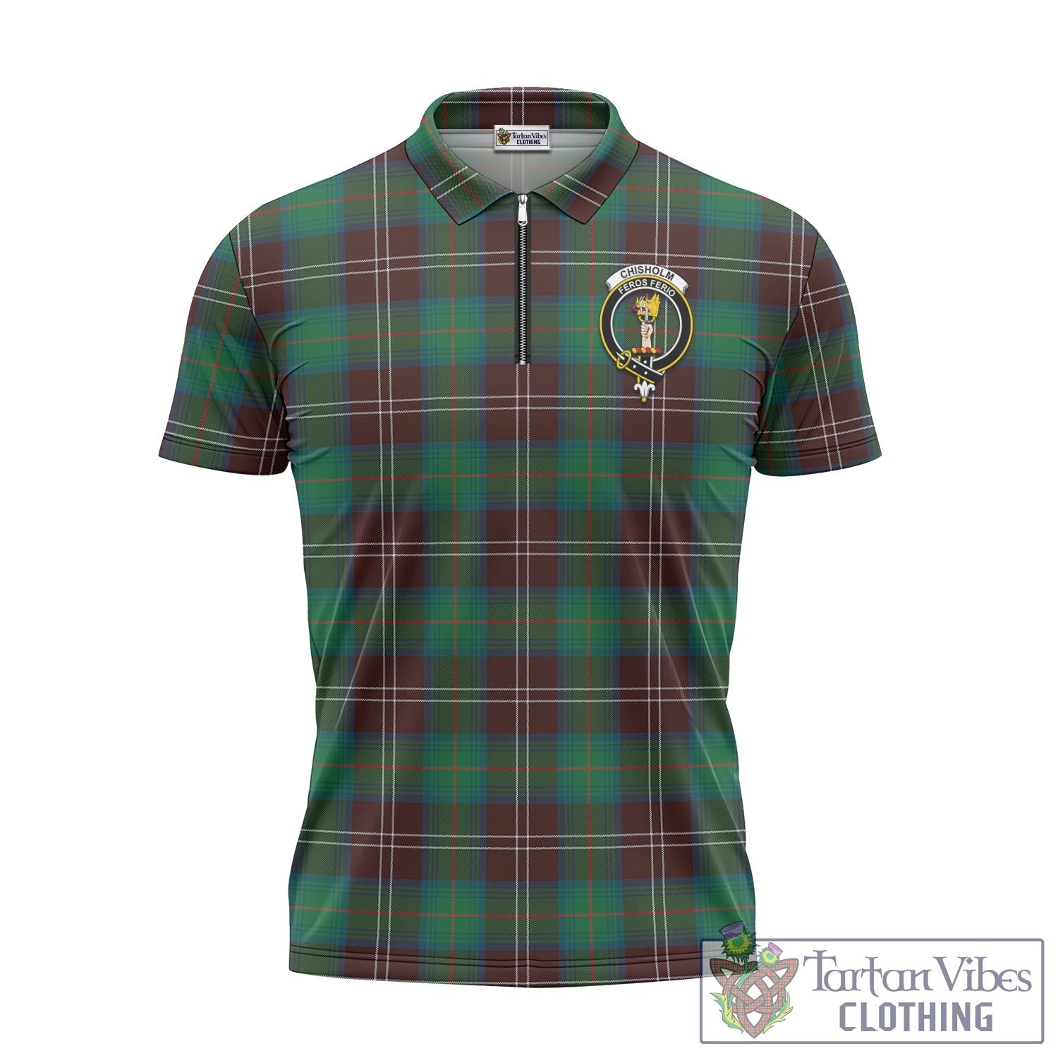 Tartan Vibes Clothing Chisholm Hunting Ancient Tartan Zipper Polo Shirt with Family Crest