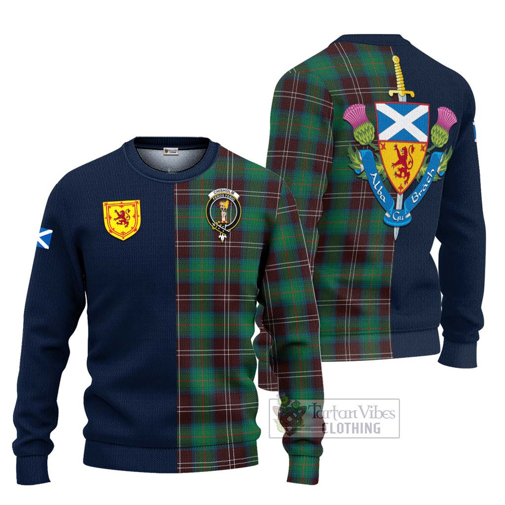 Tartan Vibes Clothing Chisholm Hunting Ancient Tartan Knitted Sweater with Scottish Lion Royal Arm Half Style