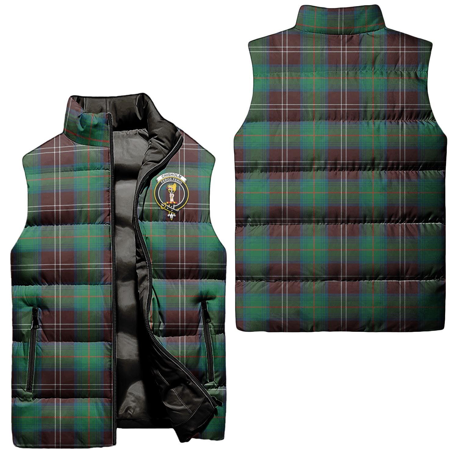 Chisholm Hunting Ancient Tartan Sleeveless Puffer Jacket with Family Crest Unisex - Tartanvibesclothing