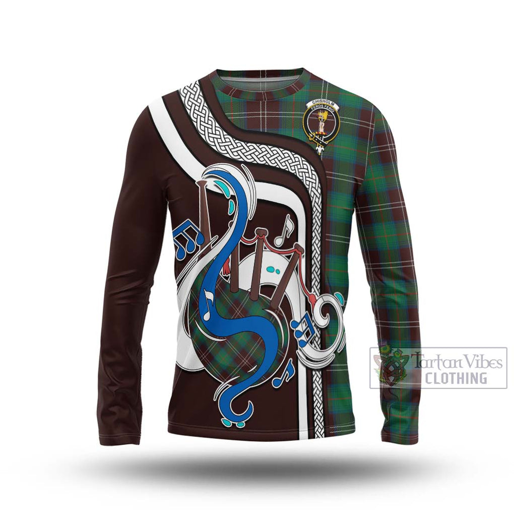 Tartan Vibes Clothing Chisholm Hunting Ancient Tartan Long Sleeve T-Shirt with Epic Bagpipe Style