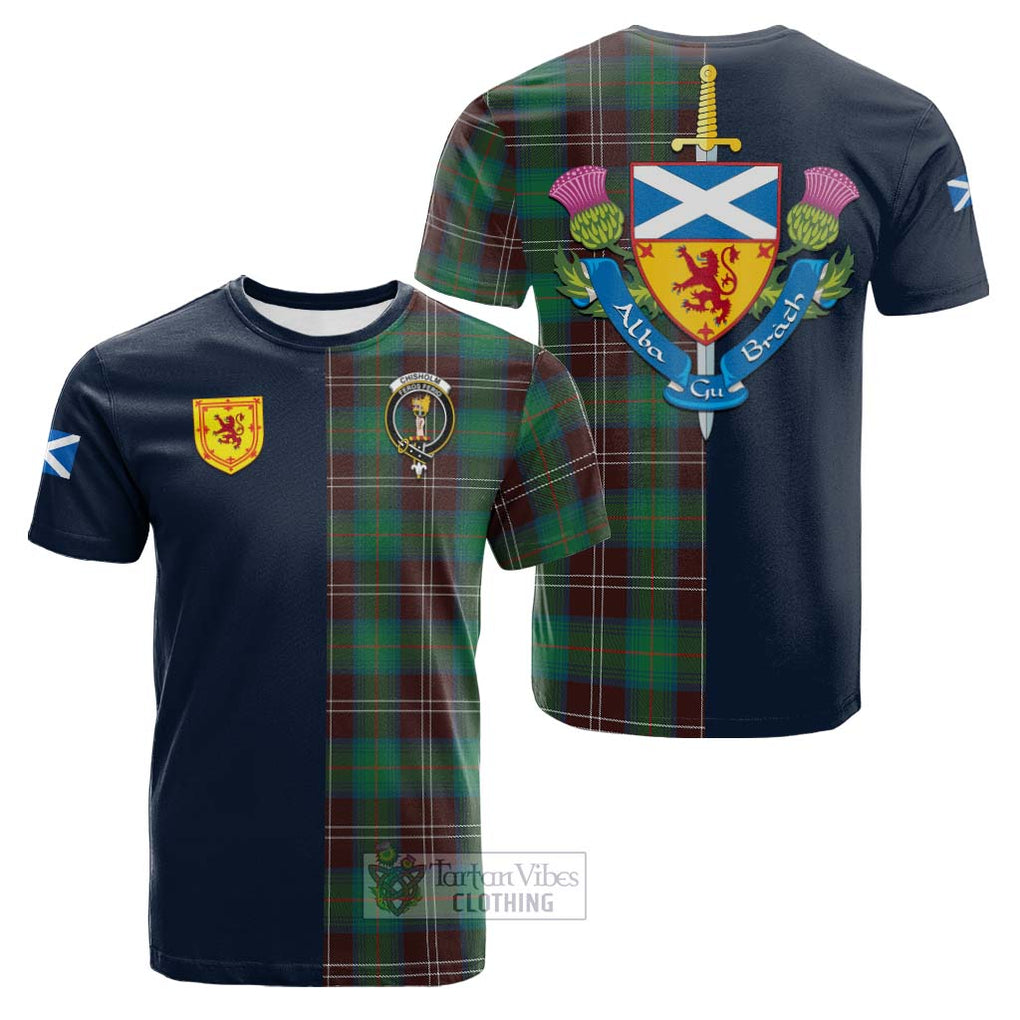 Tartan Vibes Clothing Chisholm Hunting Ancient Tartan Cotton T-shirt with Scottish Lion Royal Arm Half Style