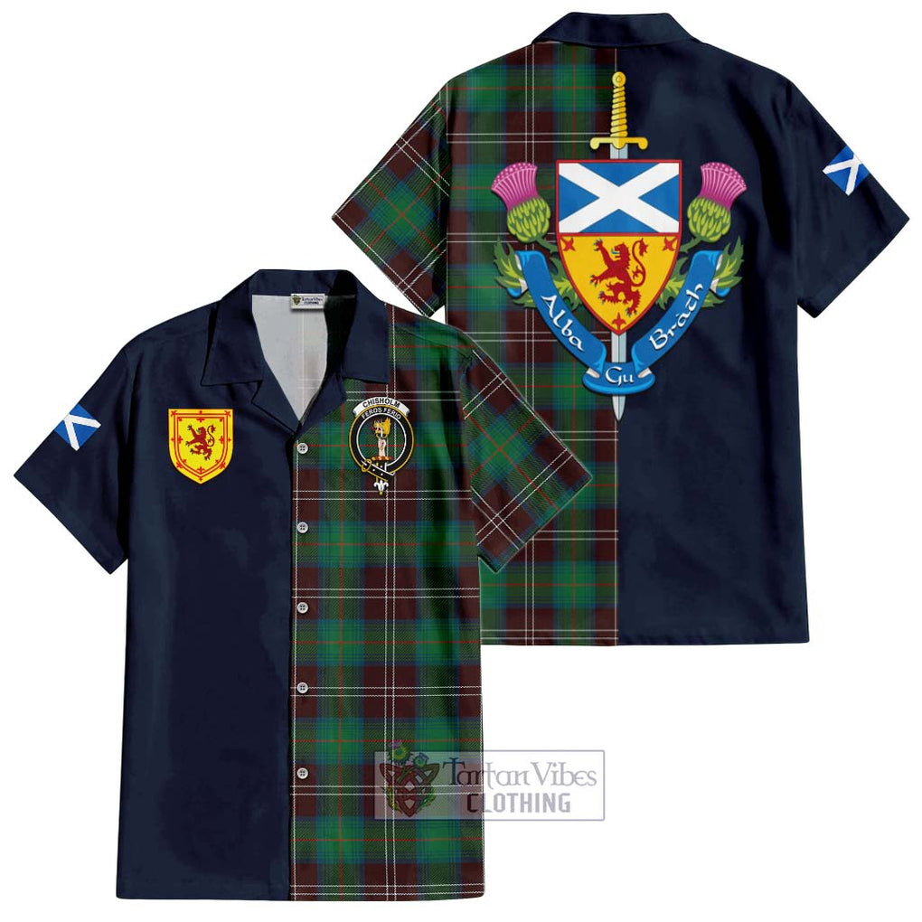 Tartan Vibes Clothing Chisholm Hunting Ancient Tartan Short Sleeve Button Shirt with Scottish Lion Royal Arm Half Style