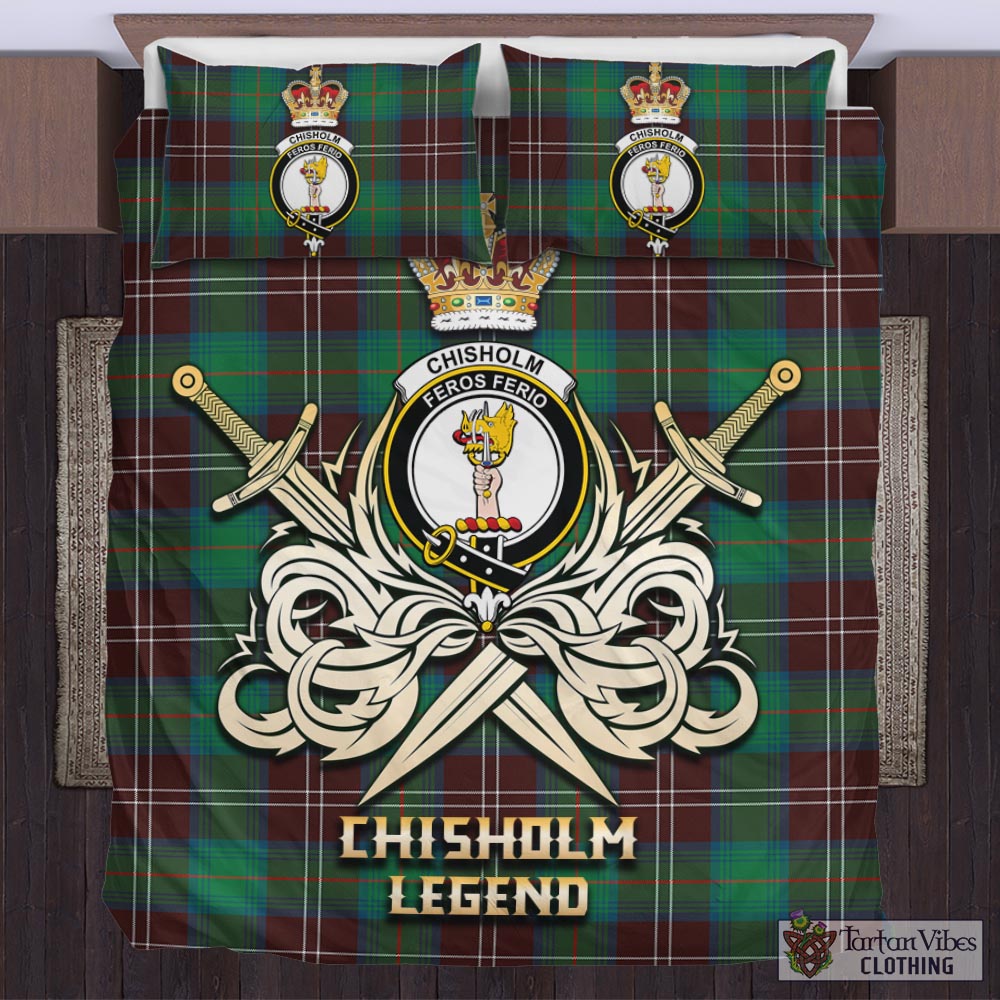 Tartan Vibes Clothing Chisholm Hunting Ancient Tartan Bedding Set with Clan Crest and the Golden Sword of Courageous Legacy