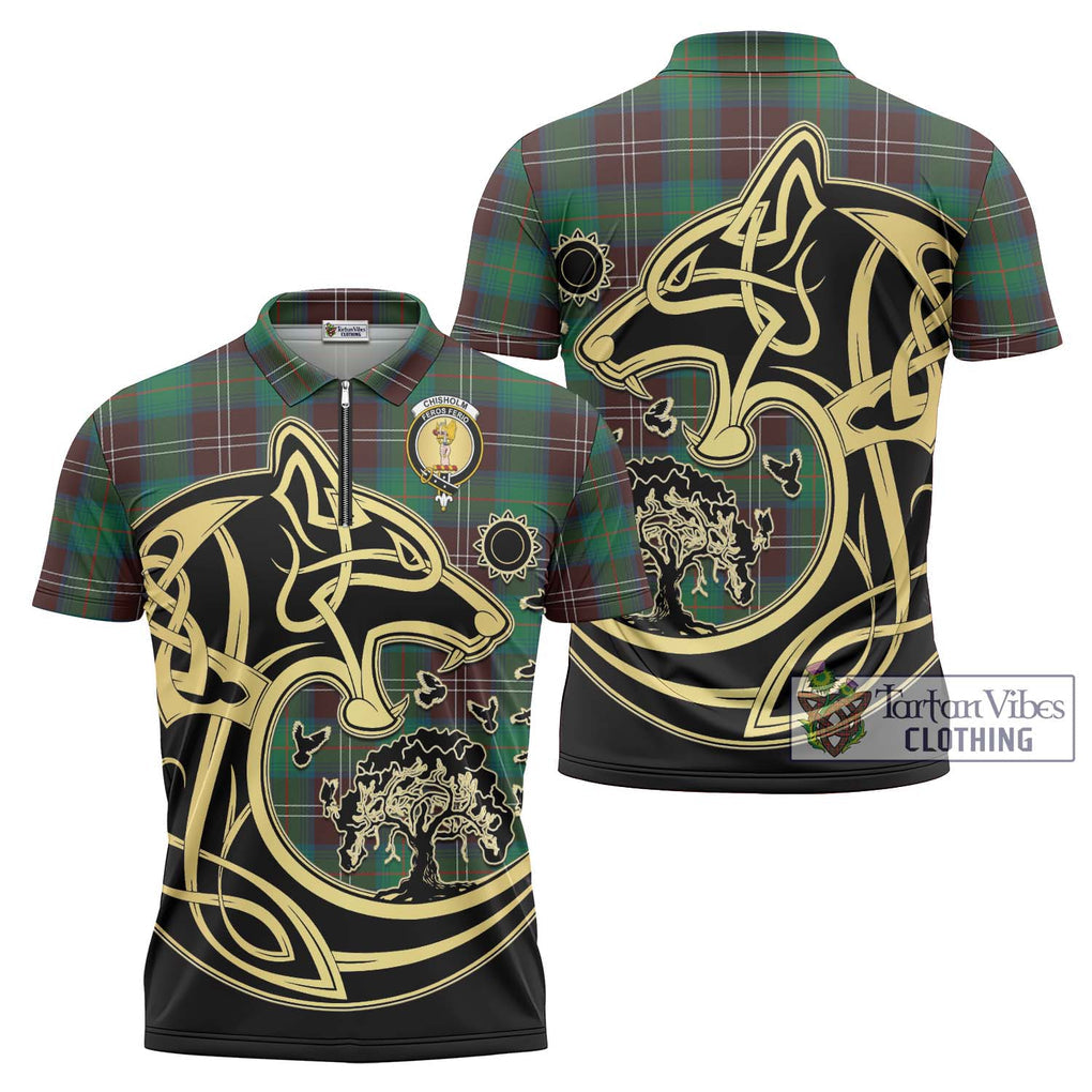 Chisholm Hunting Ancient Tartan Zipper Polo Shirt with Family Crest Celtic Wolf Style Unisex - Tartanvibesclothing Shop