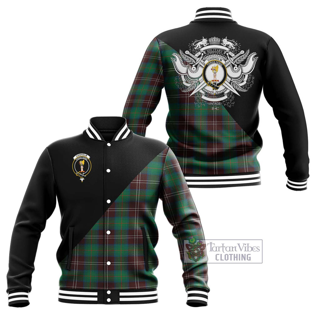 Chisholm Hunting Ancient Tartan Baseball Jacket with Family Crest and Military Logo Style Unisex - Tartanvibesclothing Shop