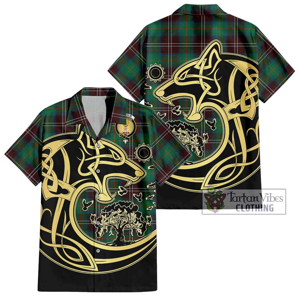 Chisholm Hunting Ancient Tartan Short Sleeve Button Shirt with Family Crest Celtic Wolf Style Kid - Tartan Vibes Clothing