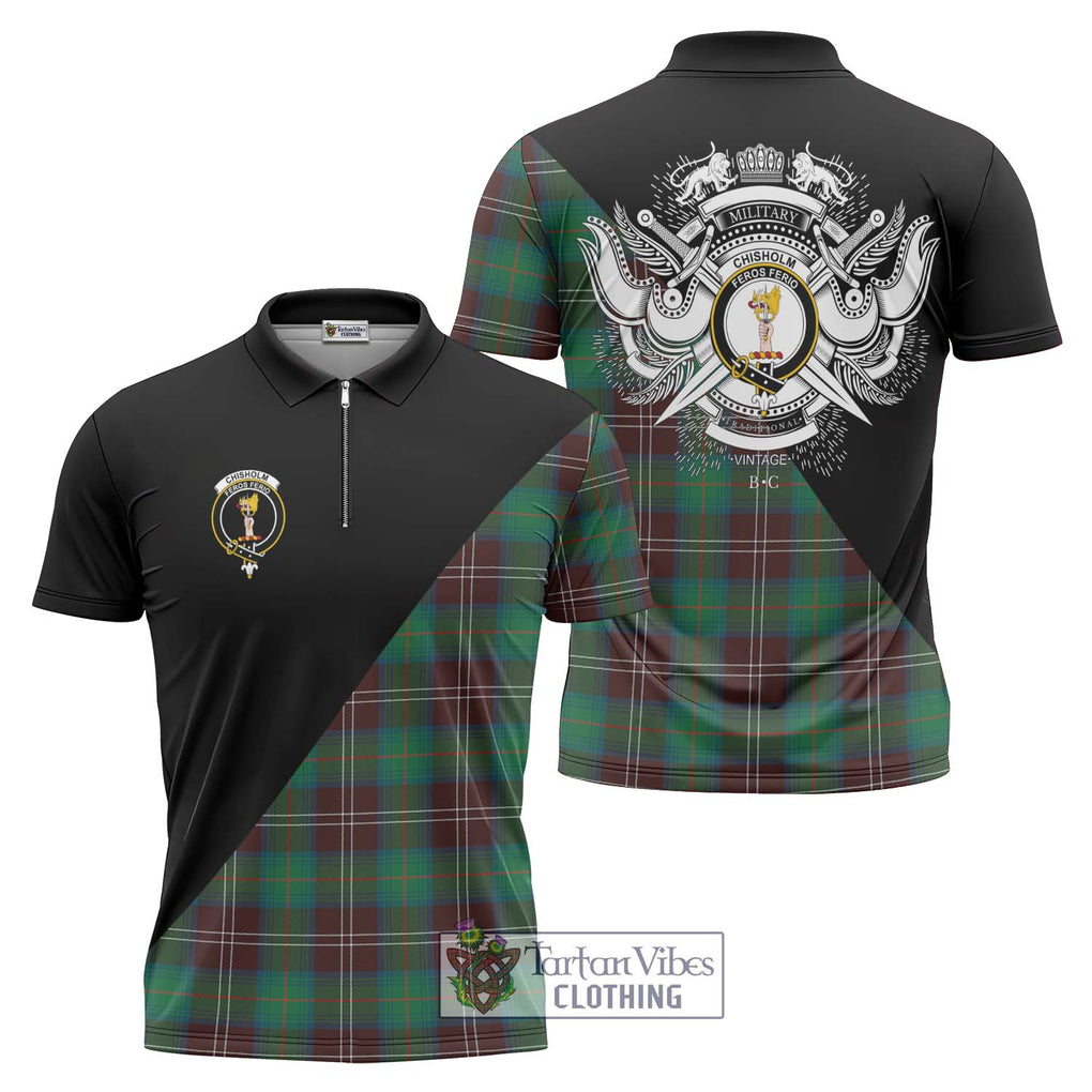 Chisholm Hunting Ancient Tartan Zipper Polo Shirt with Family Crest and Military Logo Style Unisex - Tartanvibesclothing Shop