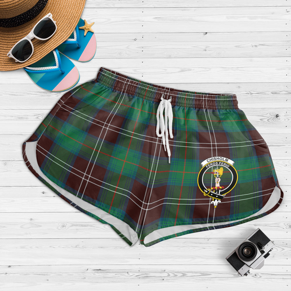 chisholm-hunting-ancient-tartan-womens-shorts-with-family-crest