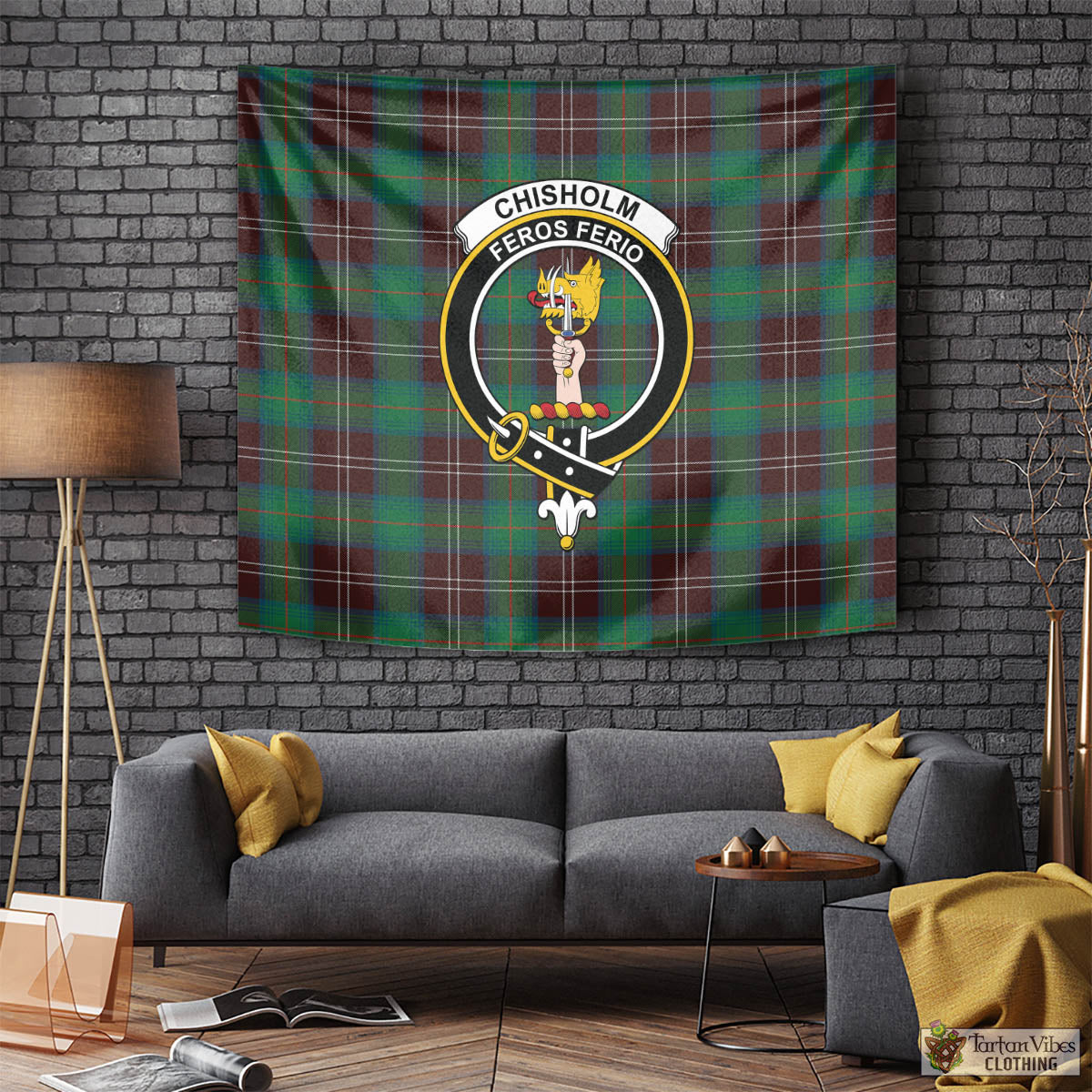 Tartan Vibes Clothing Chisholm Hunting Ancient Tartan Tapestry Wall Hanging and Home Decor for Room with Family Crest