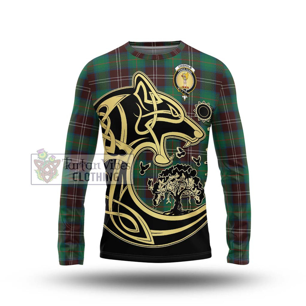 Chisholm Hunting Ancient Tartan Long Sleeve T-Shirt with Family Crest Celtic Wolf Style Unisex - Tartan Vibes Clothing