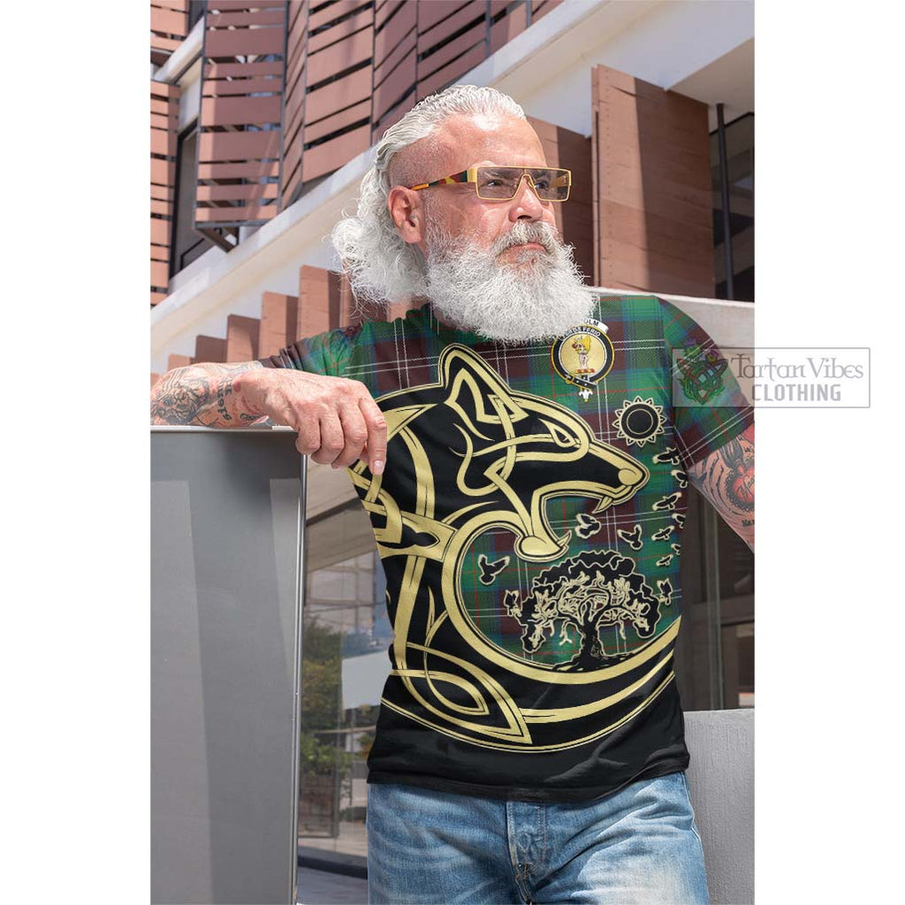 Tartan Vibes Clothing Chisholm Hunting Ancient Tartan Cotton T-shirt with Family Crest Celtic Wolf Style