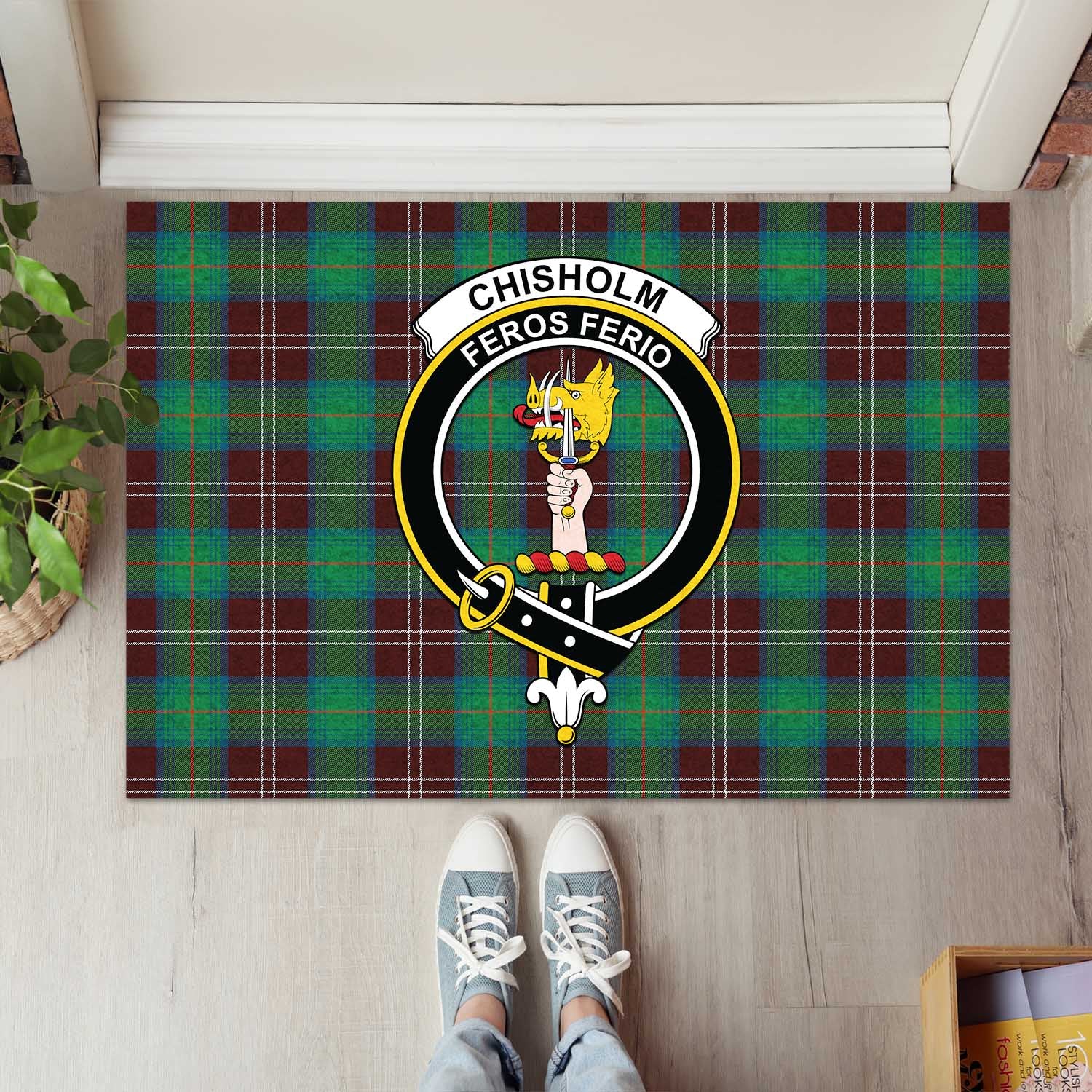 Chisholm Hunting Ancient Tartan Door Mat with Family Crest - Tartanvibesclothing