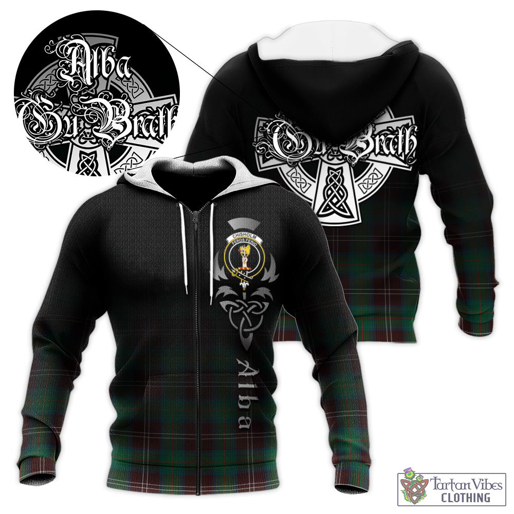 Tartan Vibes Clothing Chisholm Hunting Ancient Tartan Knitted Hoodie Featuring Alba Gu Brath Family Crest Celtic Inspired