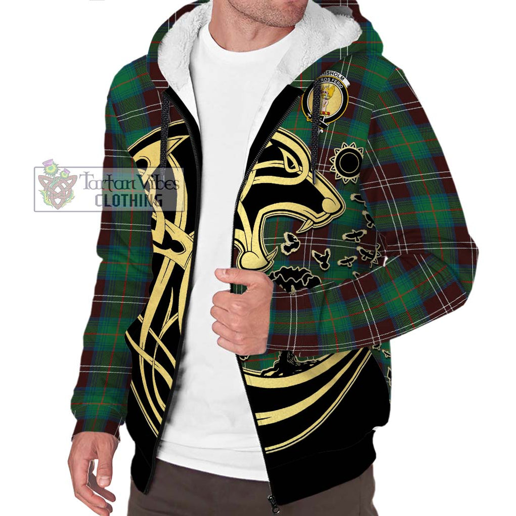 Chisholm Hunting Ancient Tartan Sherpa Hoodie with Family Crest Celtic Wolf Style Unisex S - Tartan Vibes Clothing