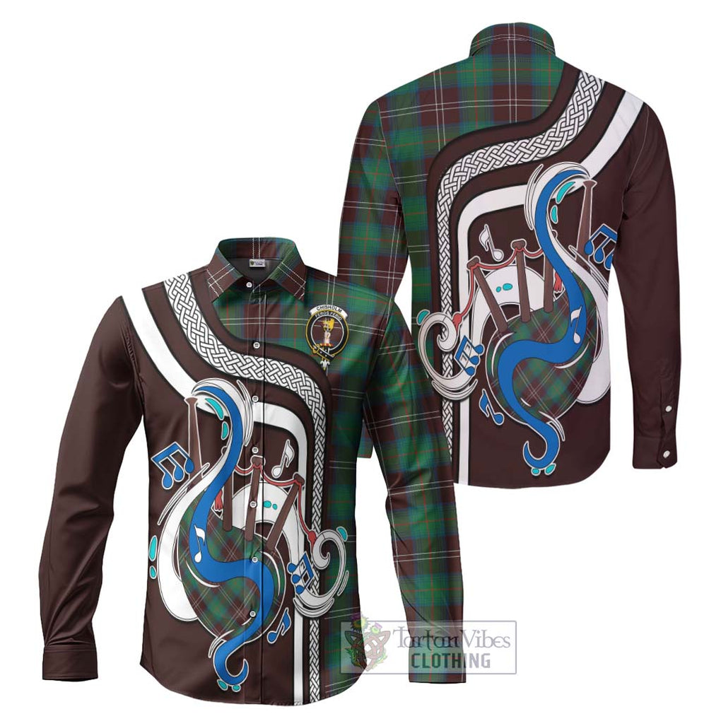 Chisholm Hunting Ancient Tartan Long Sleeve Button Shirt with Epic Bagpipe Style Men's Shirt S - Tartanvibesclothing Shop