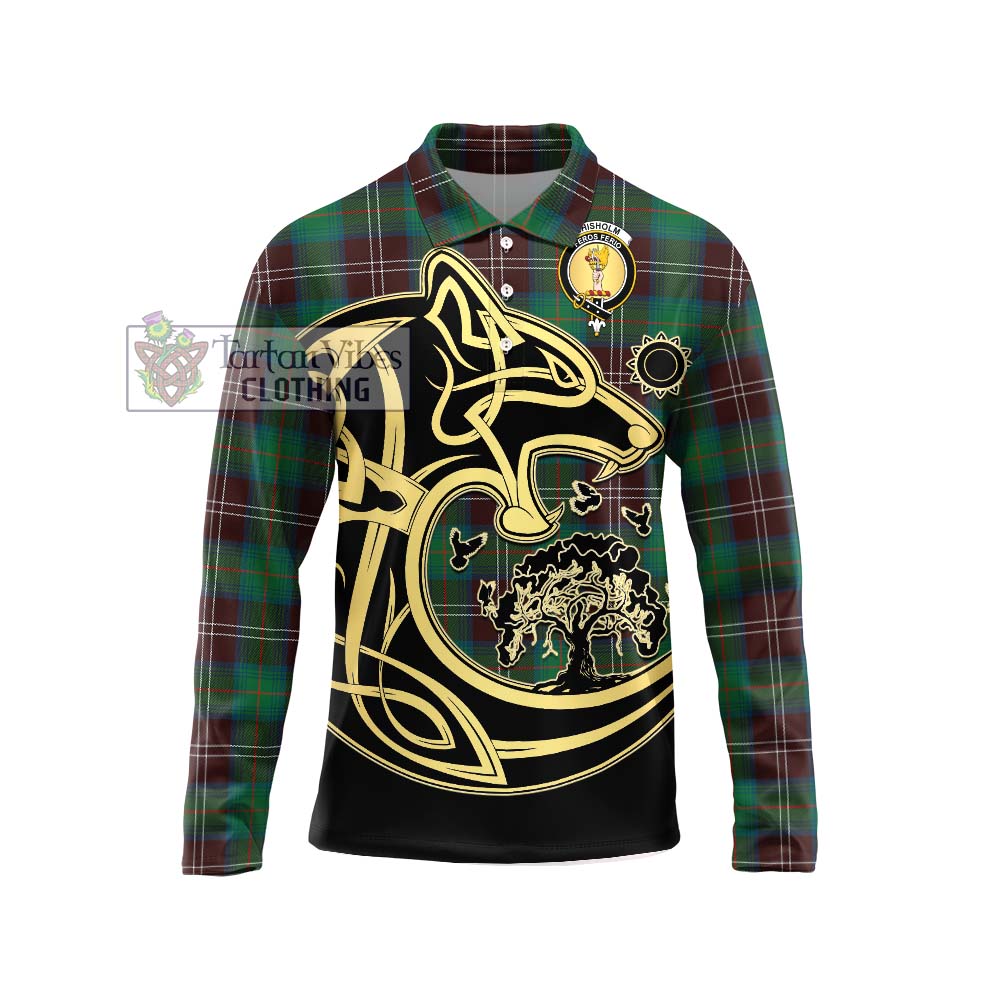 Chisholm Hunting Ancient Tartan Long Sleeve Polo Shirt with Family Crest Celtic Wolf Style Unisex - Tartanvibesclothing Shop