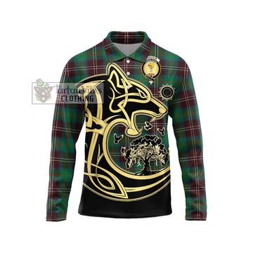 Chisholm Hunting Ancient Tartan Long Sleeve Polo Shirt with Family Crest Celtic Wolf Style