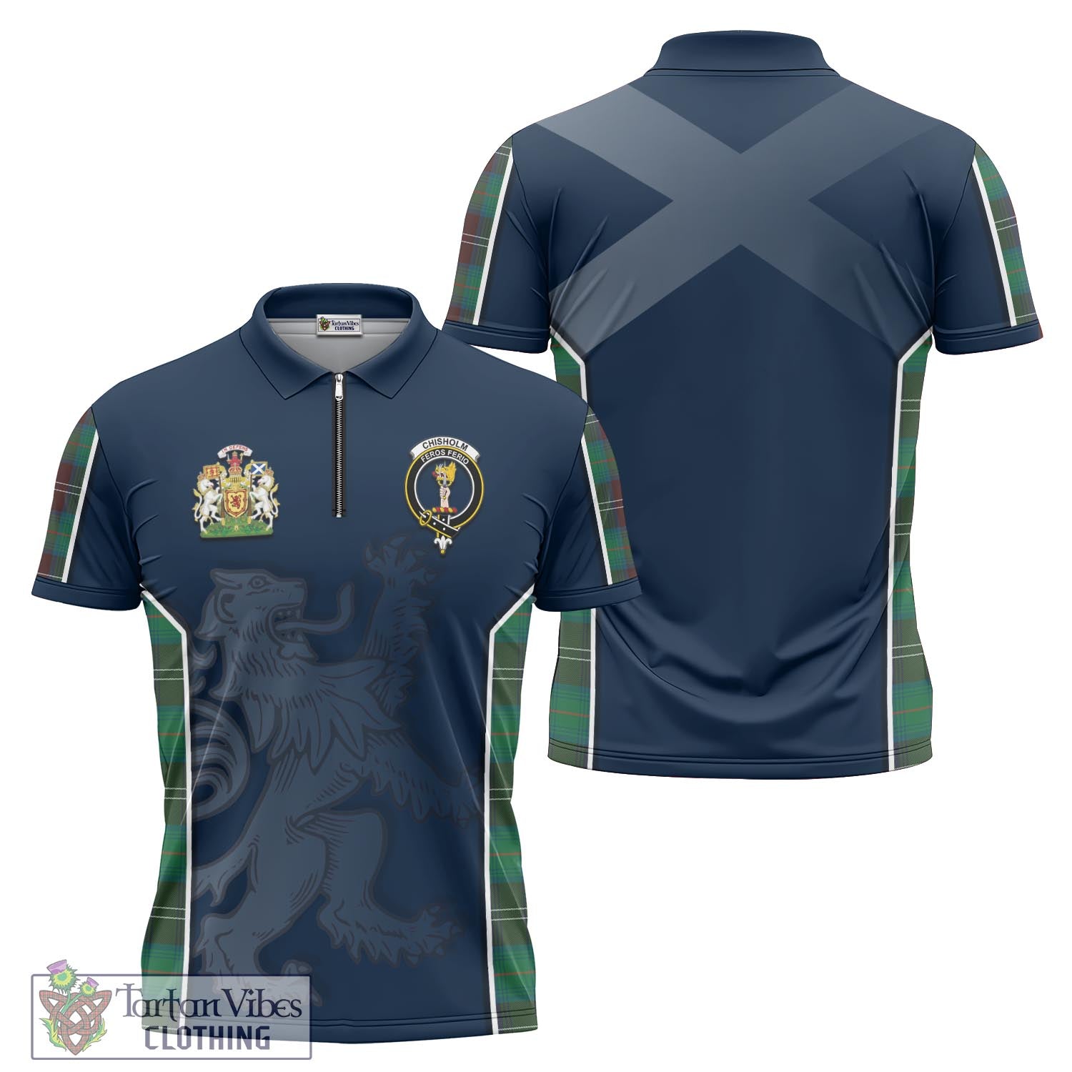 Tartan Vibes Clothing Chisholm Hunting Ancient Tartan Zipper Polo Shirt with Family Crest and Lion Rampant Vibes Sport Style