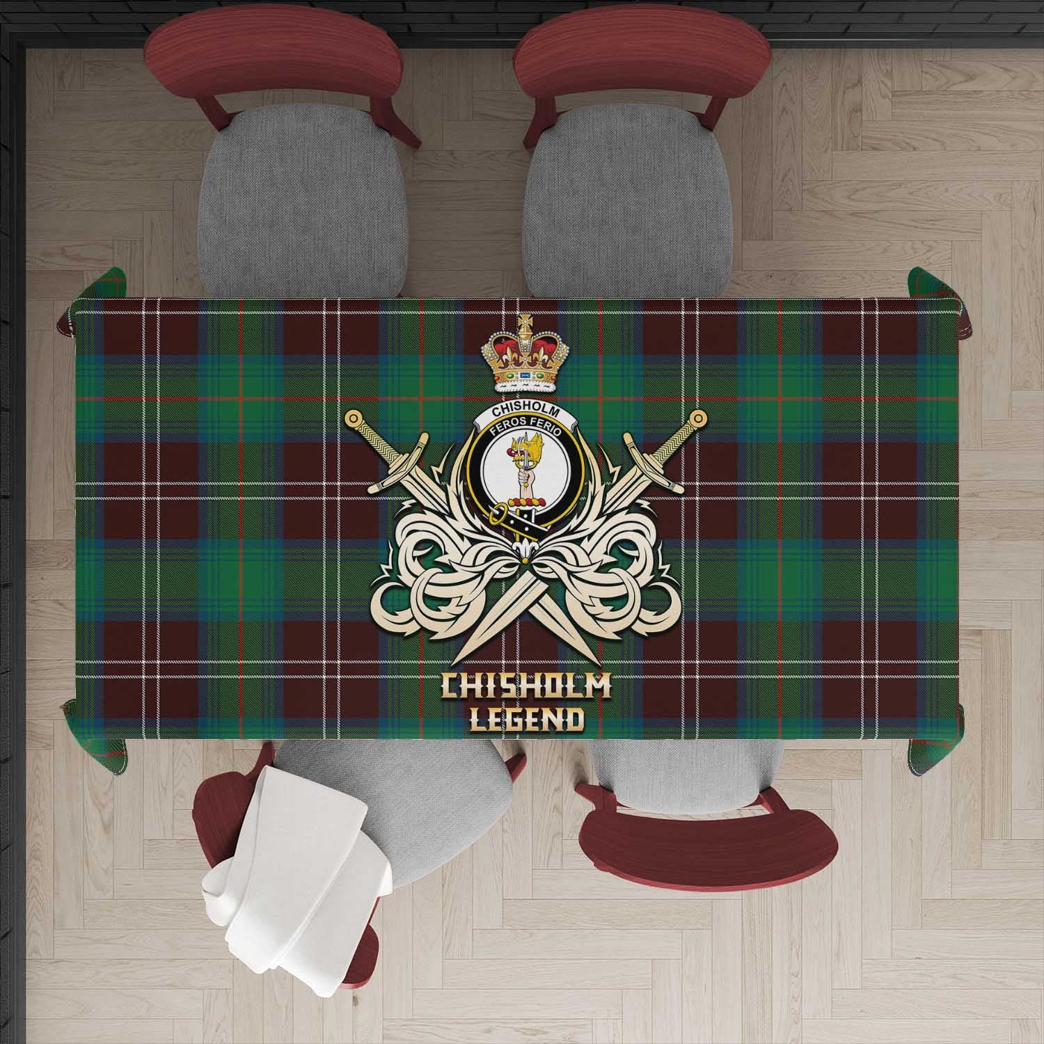 Tartan Vibes Clothing Chisholm Hunting Ancient Tartan Tablecloth with Clan Crest and the Golden Sword of Courageous Legacy