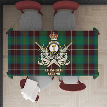 Chisholm Hunting Ancient Tartan Tablecloth with Clan Crest and the Golden Sword of Courageous Legacy