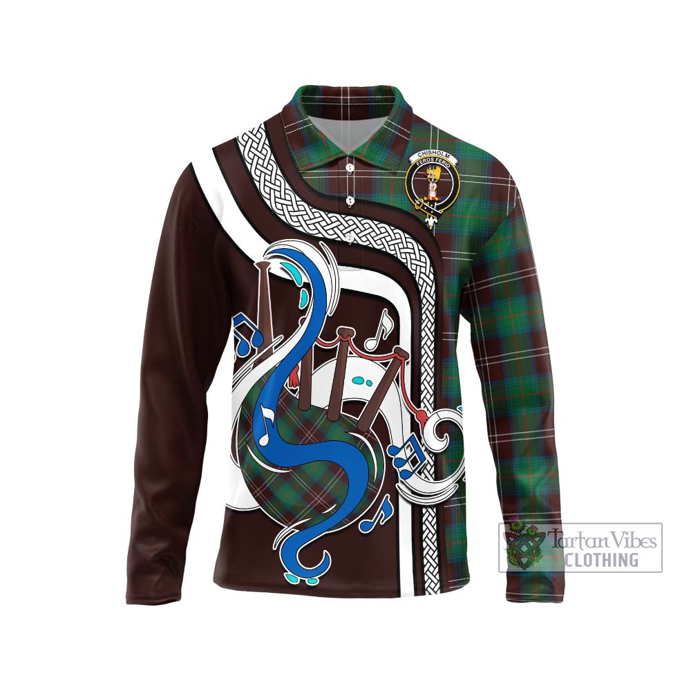 Tartan Vibes Clothing Chisholm Hunting Ancient Tartan Long Sleeve Polo Shirt with Epic Bagpipe Style