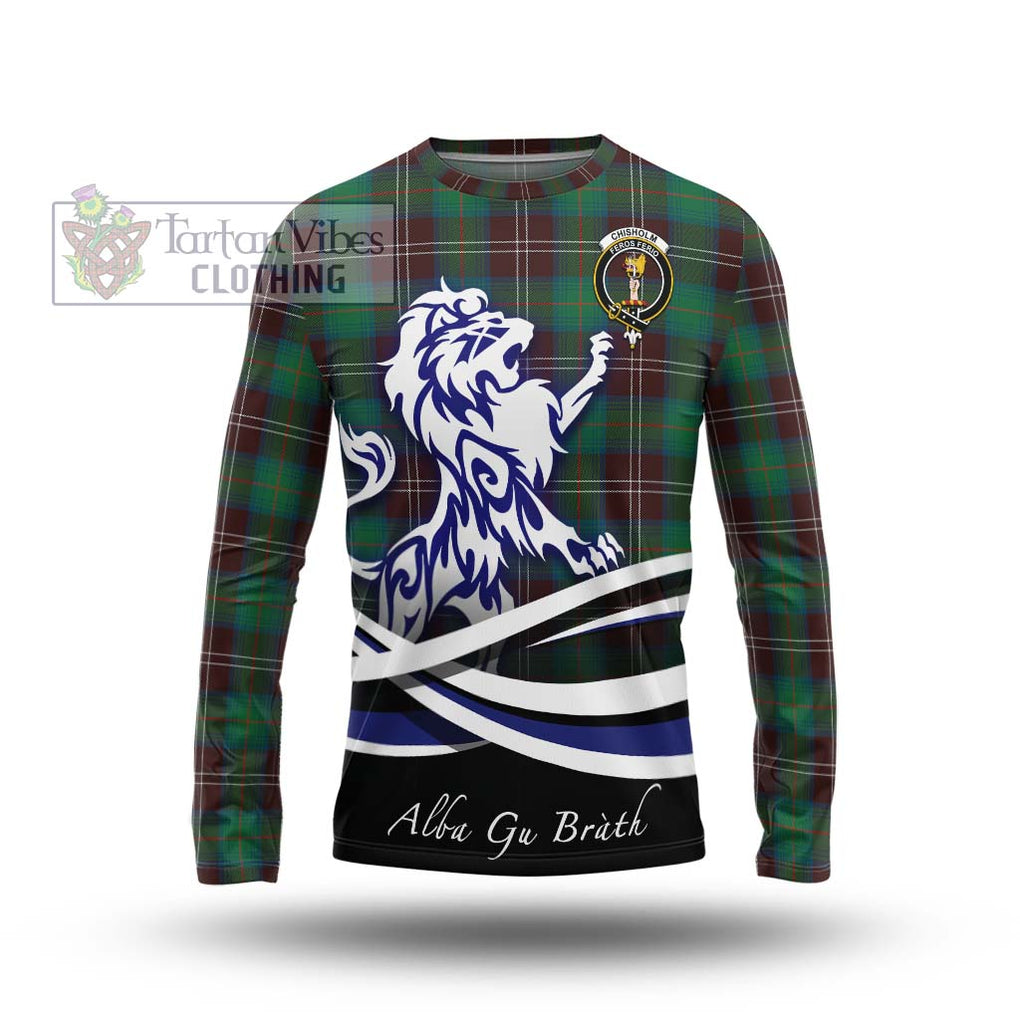 Chisholm Hunting Ancient Tartan Long Sleeve T-Shirt with Alba Gu Brath Regal Lion Emblem Unisex - Tartanvibesclothing Shop