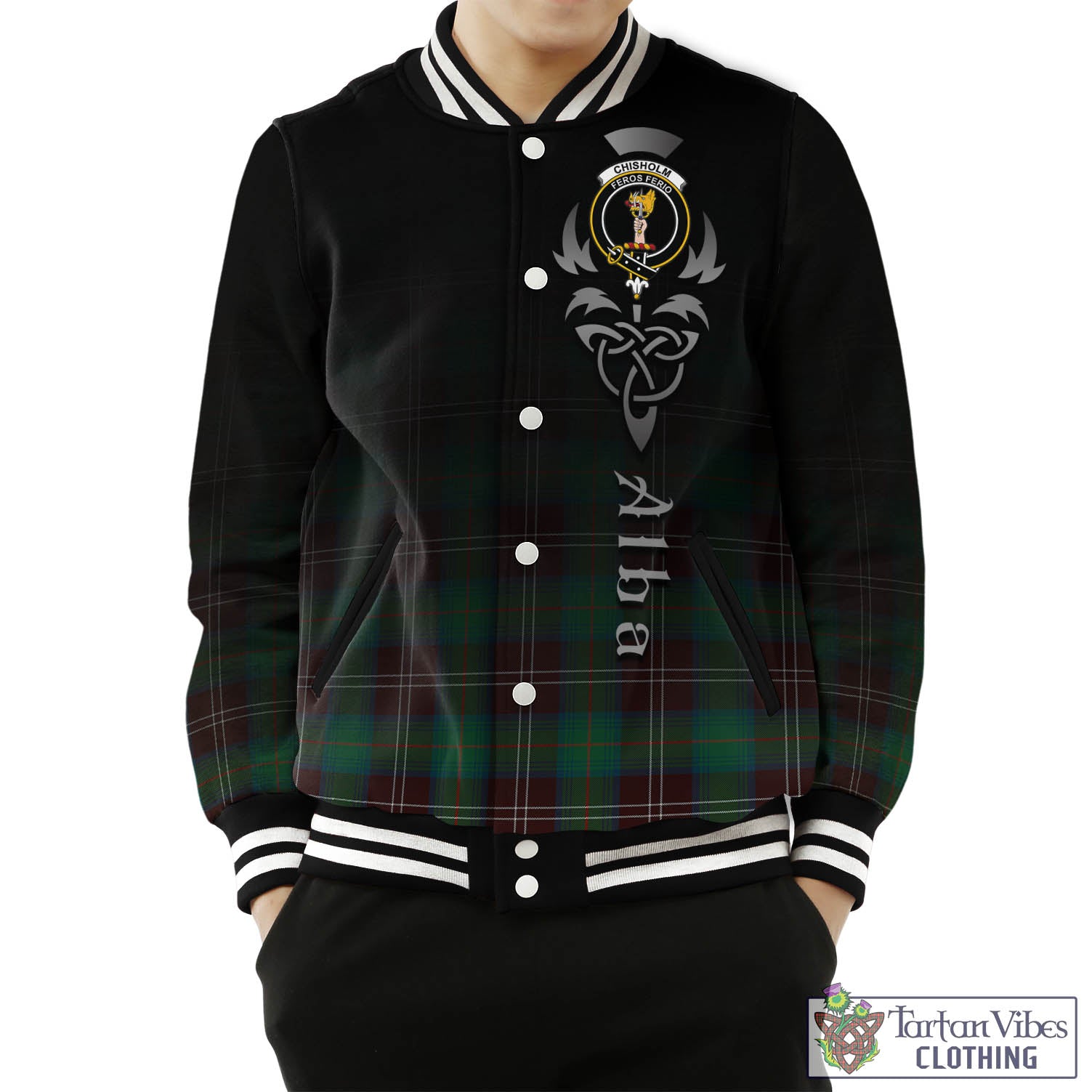 Tartan Vibes Clothing Chisholm Hunting Ancient Tartan Baseball Jacket Featuring Alba Gu Brath Family Crest Celtic Inspired