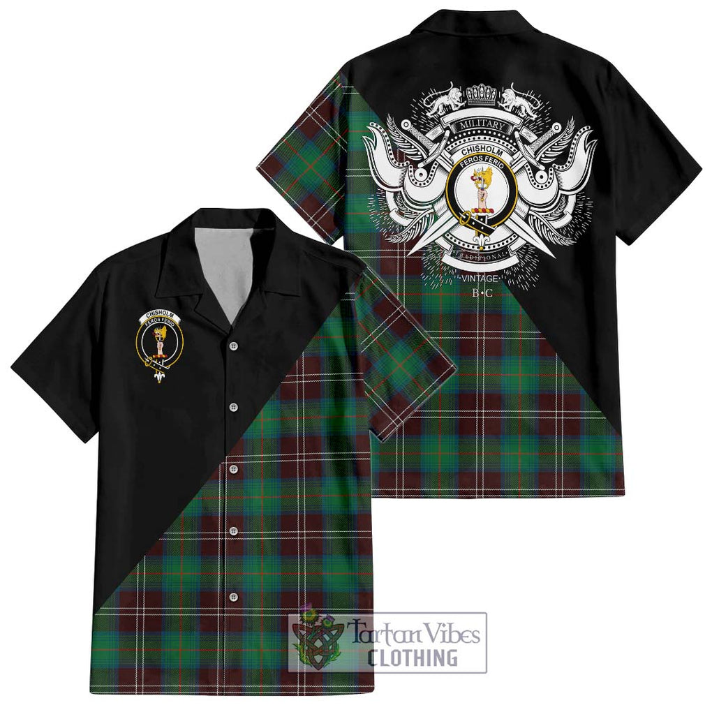 Chisholm Hunting Ancient Tartan Short Sleeve Button Shirt with Family Crest and Military Logo Style Kid - Tartanvibesclothing Shop