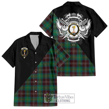 Chisholm Hunting Ancient Tartan Short Sleeve Button Shirt with Family Crest and Military Logo Style